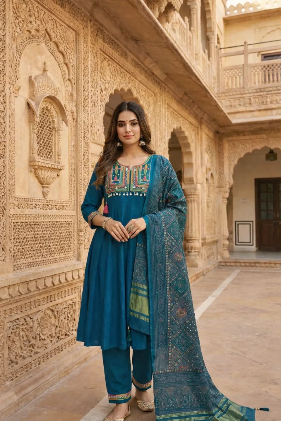 Royal Teal Embroidery Anarkali Set with Dupatta