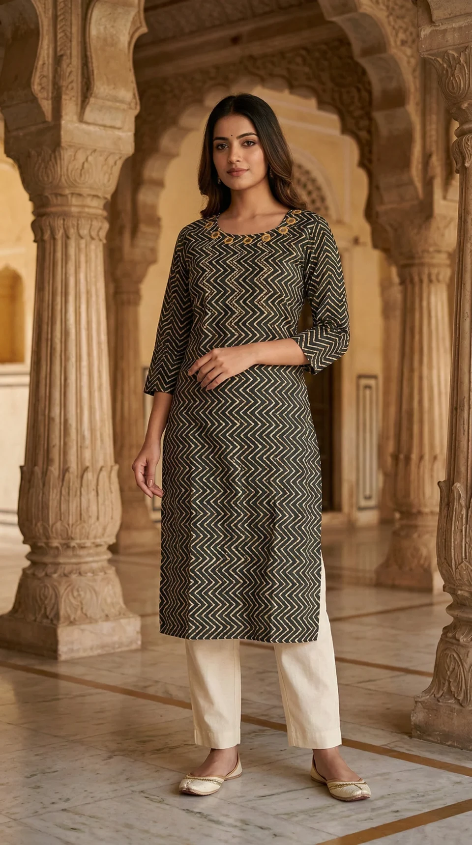 Elegant Charcoal Black Chevron Print Embroidered Kurti