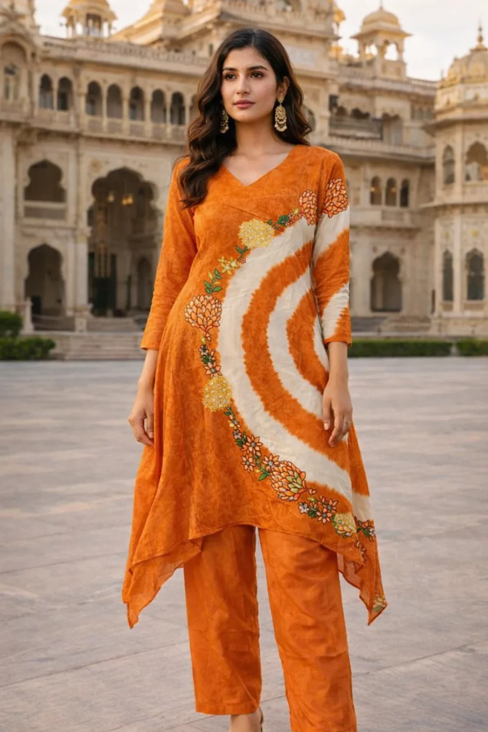 Burnt Orange Printed Asymmetric Kurta Set