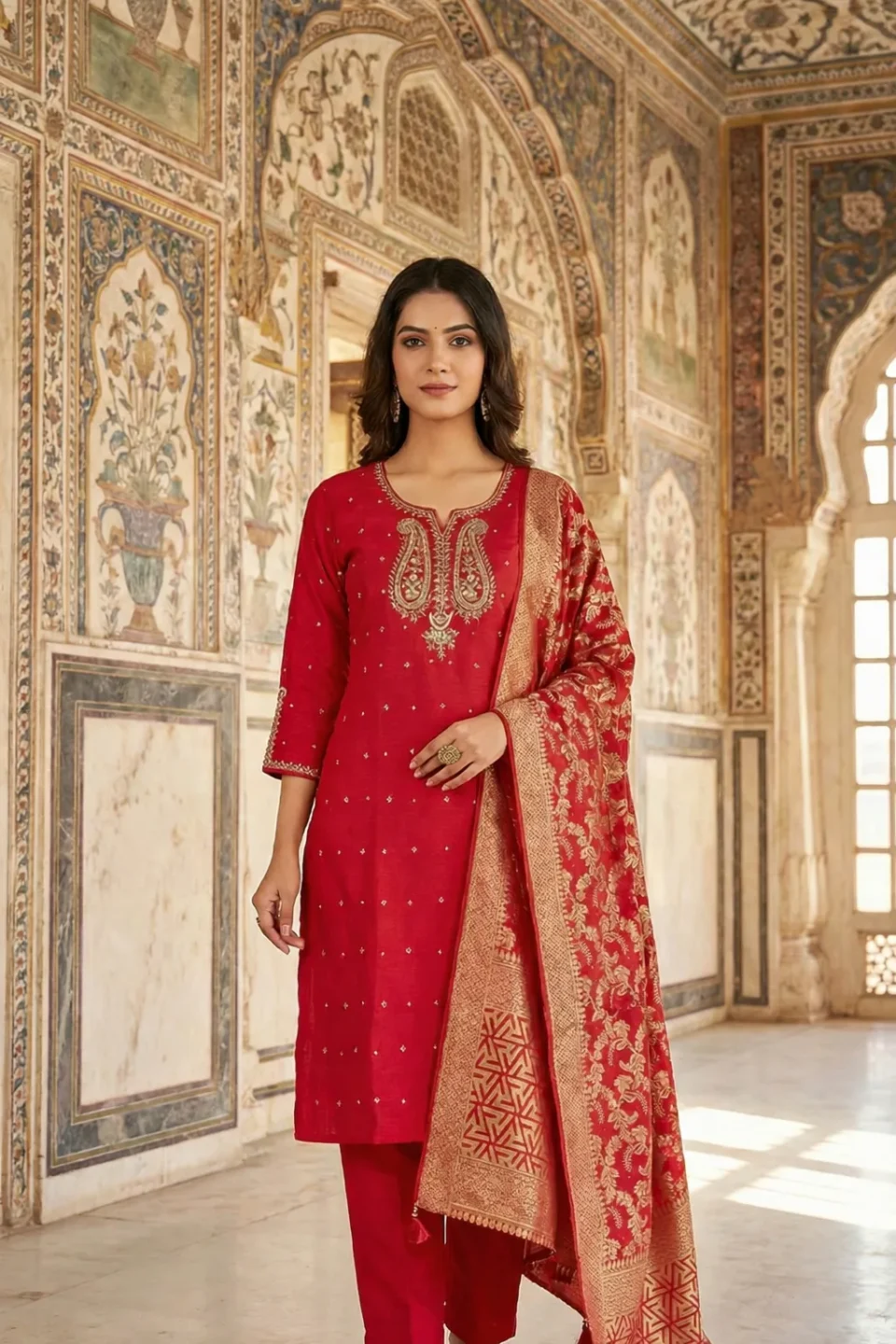 Red Embroidery Kurti Set with Banarasi Dupatta