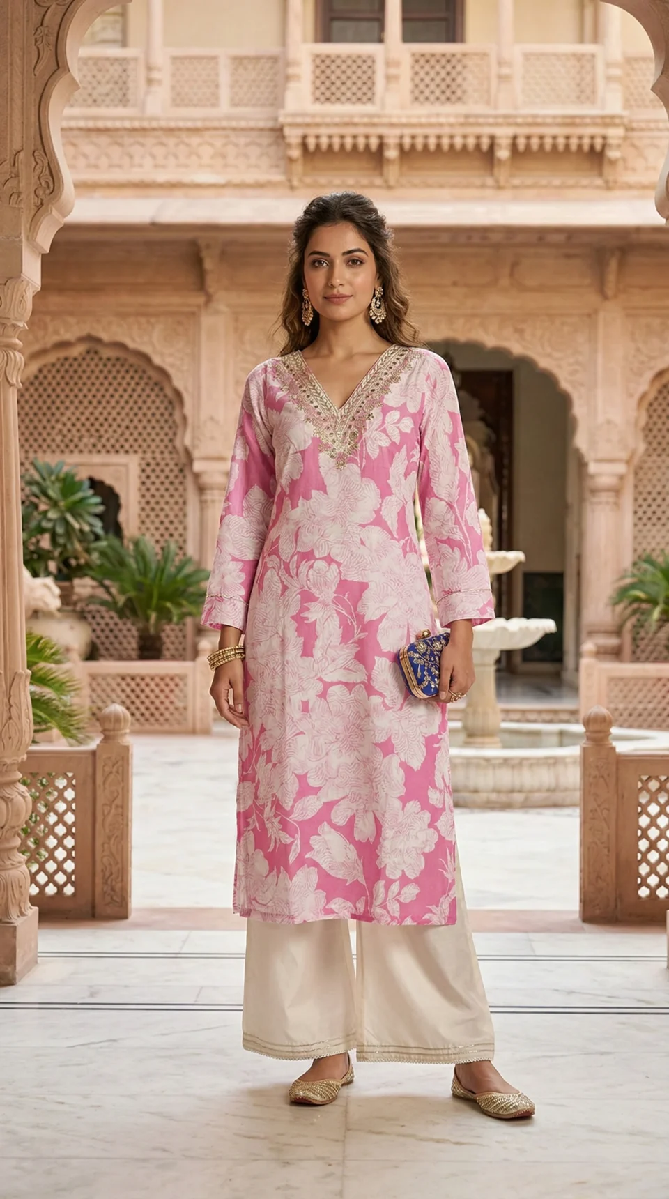 Pink Floral Print Embroidered V-Neck Kurti