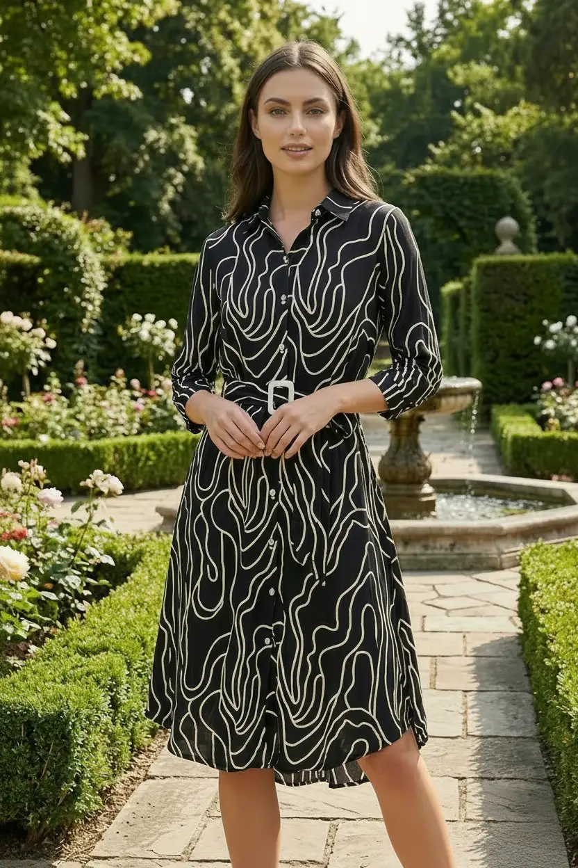 Black Abstract Printed Belted Frock