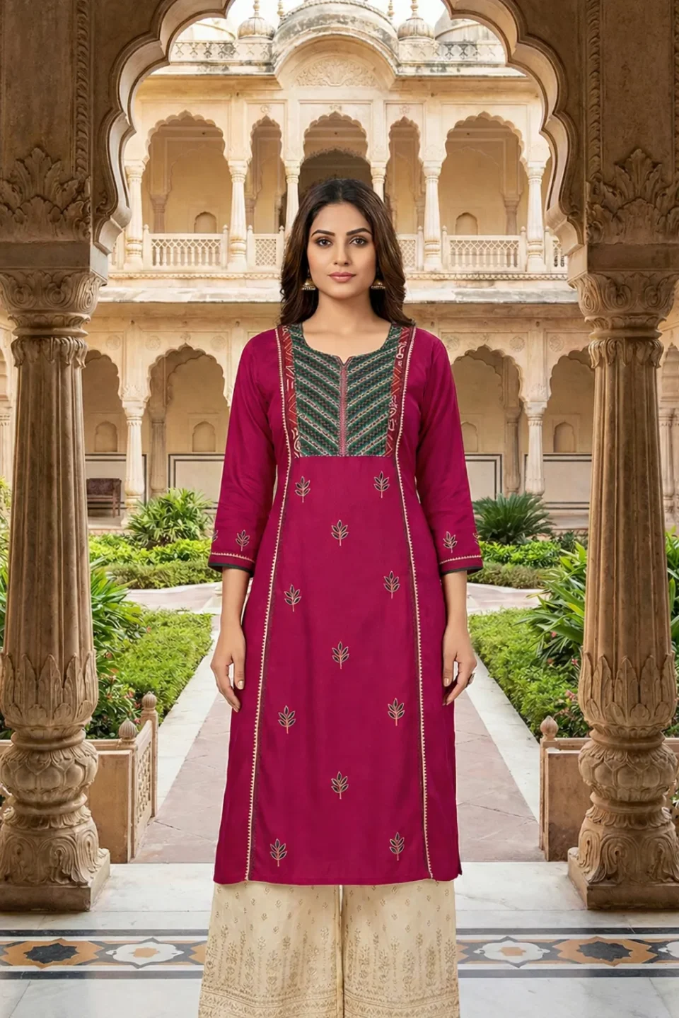 Rani Pink Embroidered Straight Kurti