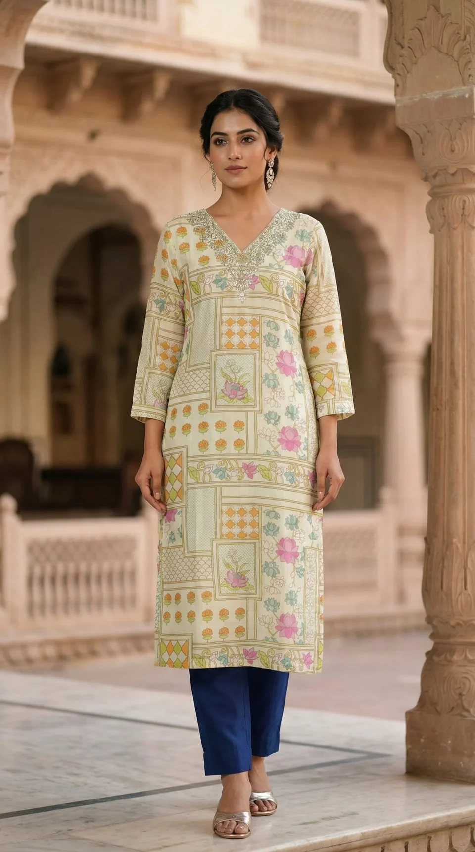 Off-Cream Floral Printed Embellished V-Neck Kurti