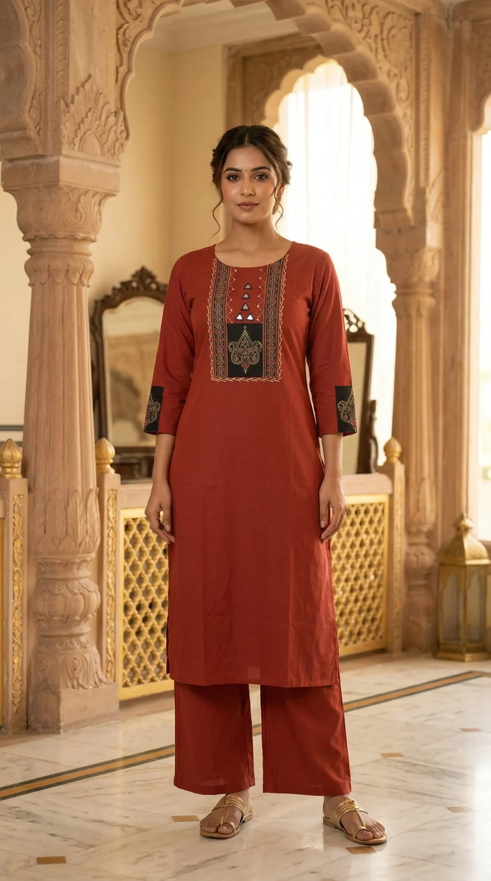 Dark Maroon Embroidered Cotton Kurta with Palazzos