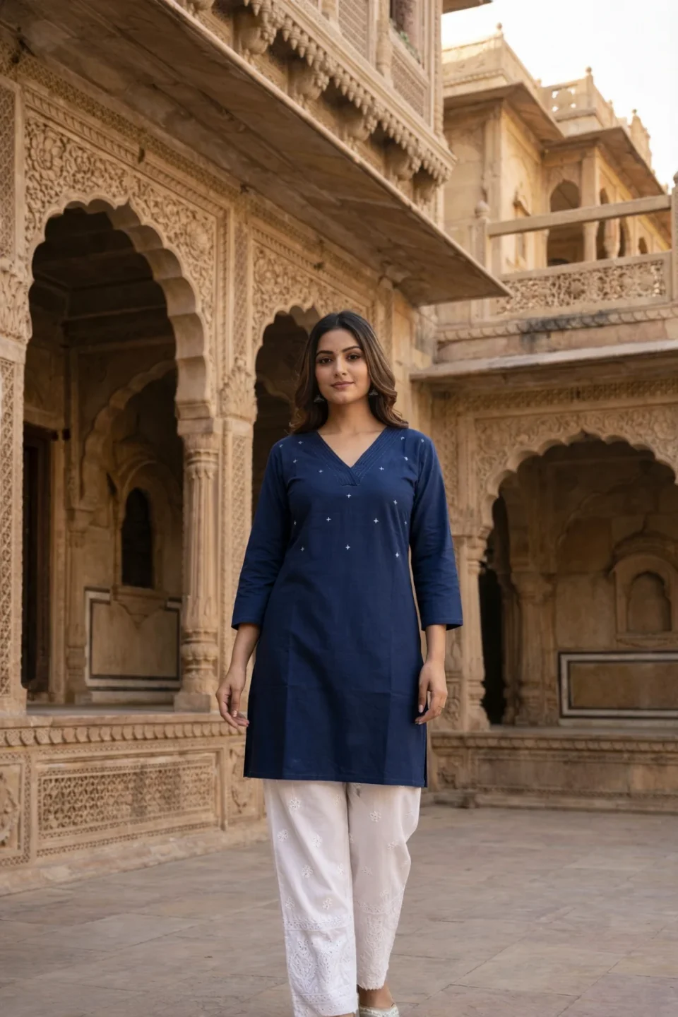 Navy Blue Minimal Embroidered Short Kurti