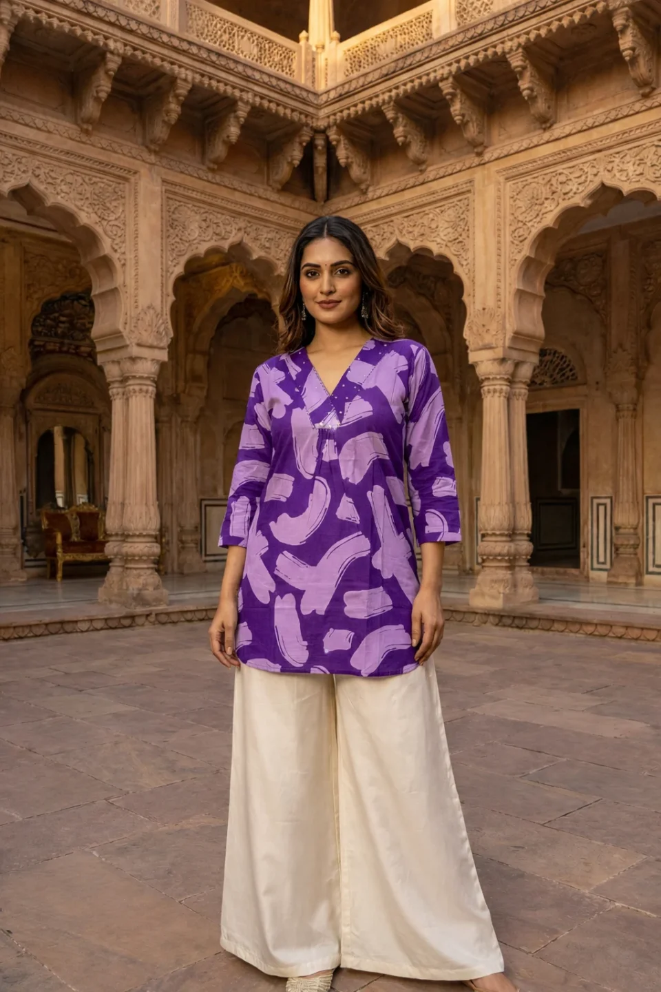 Purple Abstract Print Short Kurti