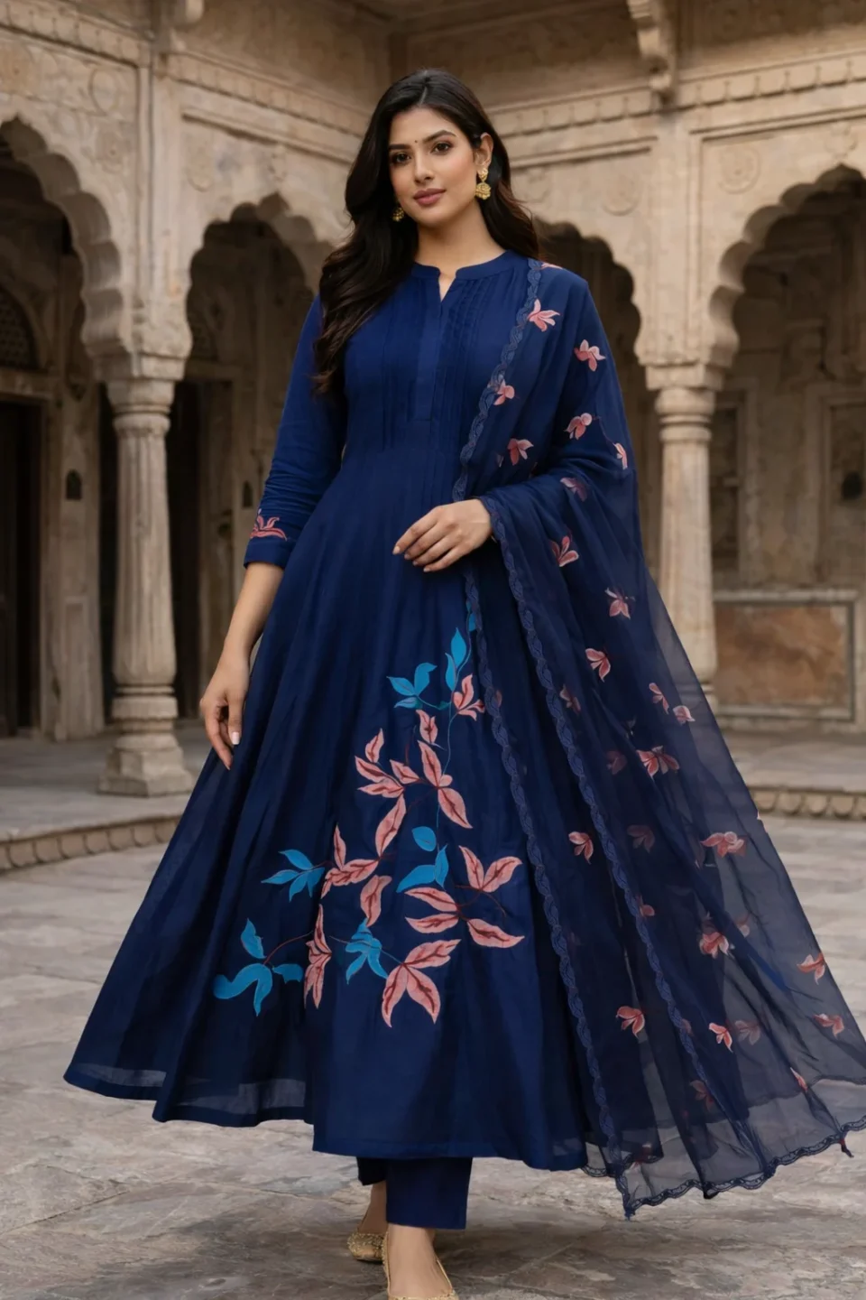 Navy Blue Floral Embroidered Long Kurti Set with Dupatta