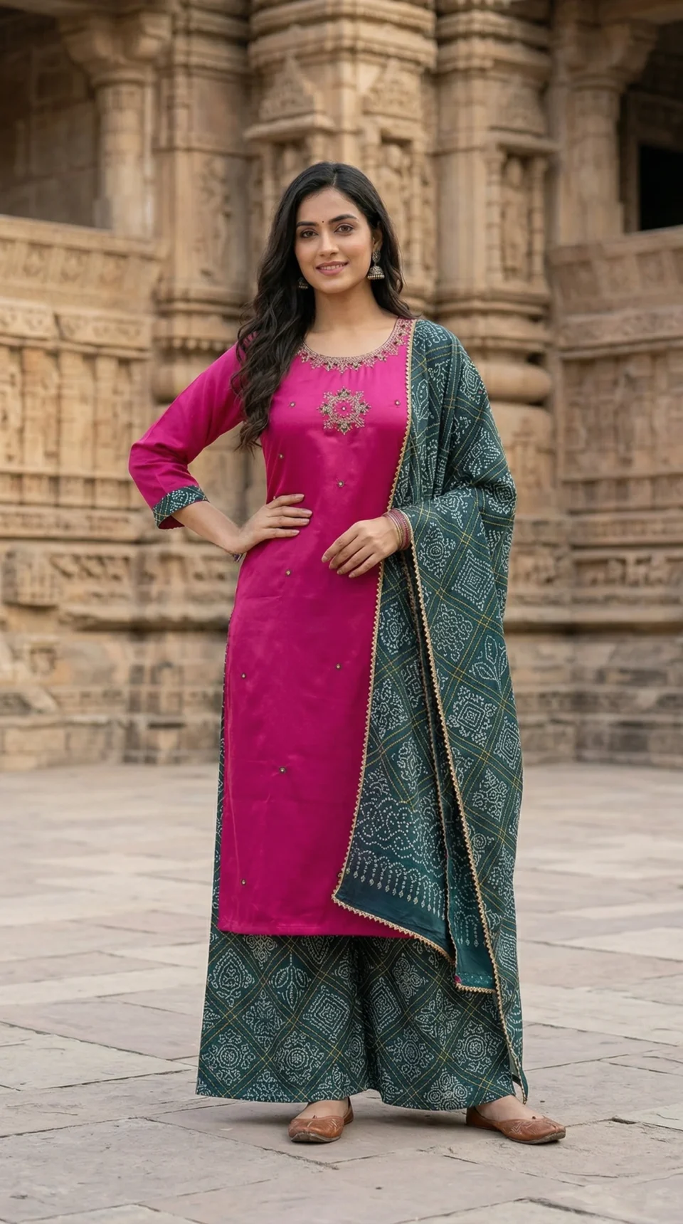 Rani Pink Embroidered Long Kurti with Printed Dupatta & Palazzo