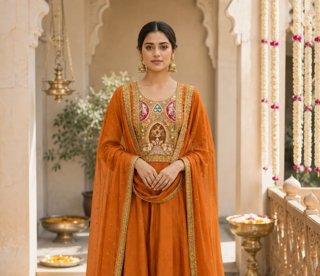 Woman wearing a rust orange embroidered Anarkali kurta set with matching pants and sheer embellished dupatta, featuring detailed ethnic embroidery on the neckline and hem, traditional Indian festive wear perfect for weddings, family functions, cultural celebrations, festive occasions, and designer ethnic fashion.