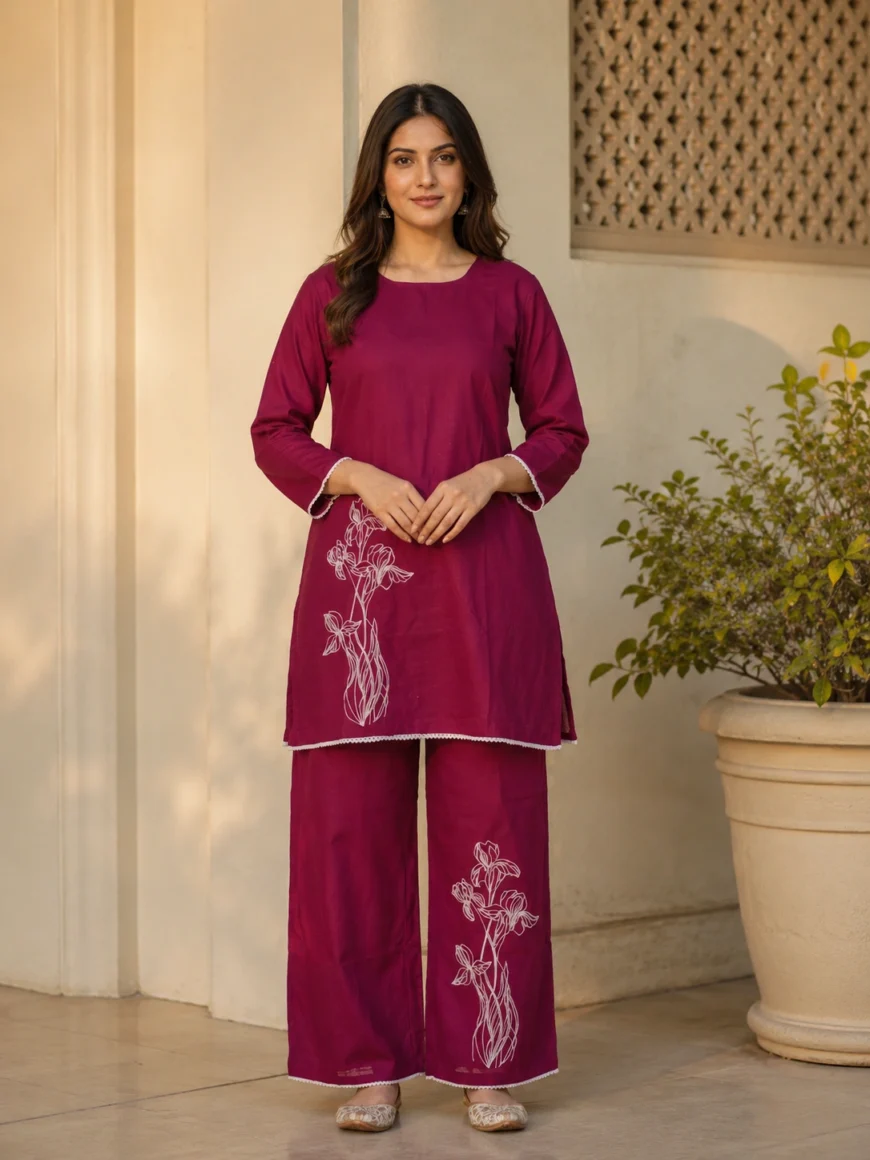 Woman wearing a magenta embroidered co-ord set with matching straight kurta and wide-leg pants, featuring delicate white floral embroidery and minimalist ethnic styling. Stylish women’s coord set ideal for summer fashion, casual wear, comfortable ethnic clothing, office wear, vacation outfits, and modern Indian fashion.