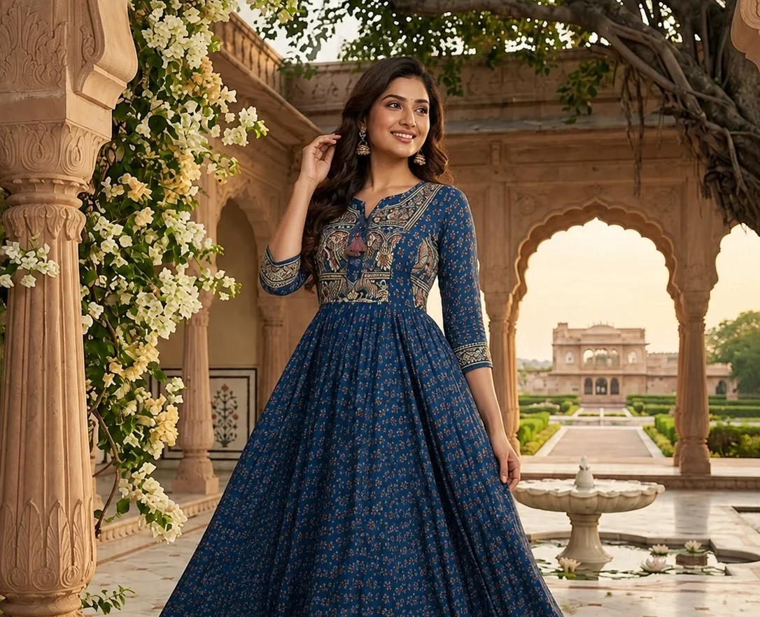 Woman wearing a navy blue printed Anarkali gown with detailed embroidered neckline, three-quarter sleeves, and elegant flared silhouette in a royal heritage setting. Stylish ethnic gown for women, ideal for festive wear, wedding guest outfit, traditional Indian party wear, designer ethnic fashion, and celebration attire.