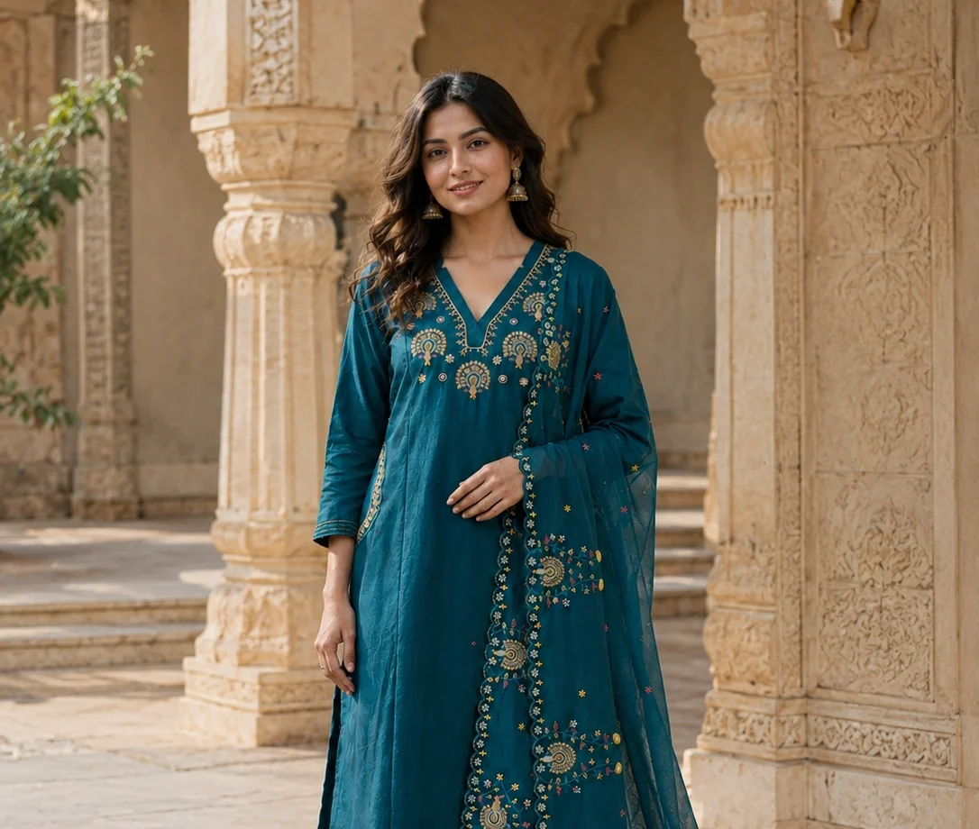 Woman wearing a teal blue embroidered kurti set with palazzo pants and embroidered net dupatta, featuring detailed ethnic embroidery, V-neck design, and traditional Indian ethnic wear styling. Perfect women’s kurta set for festive wear, wedding functions, celebrations, party wear, casual ethnic fashion, and traditional Indian clothing.