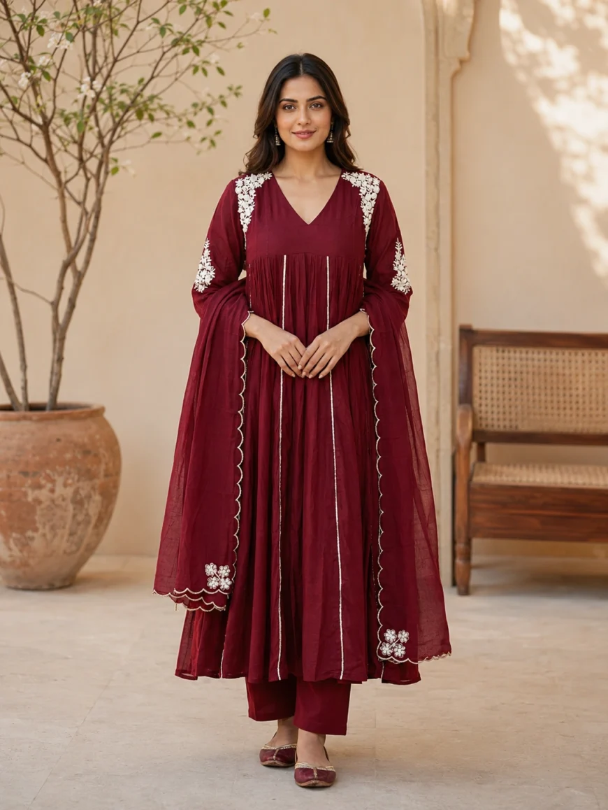 Woman wearing a maroon embroidered Anarkali kurta set with matching pants and sheer dupatta, featuring elegant white floral embroidery on sleeves and shoulders, flowy silhouette, and traditional Indian ethnic styling. Perfect women’s ethnic wear for festive occasions, wedding functions, family gatherings, casual celebrations, and party wear.