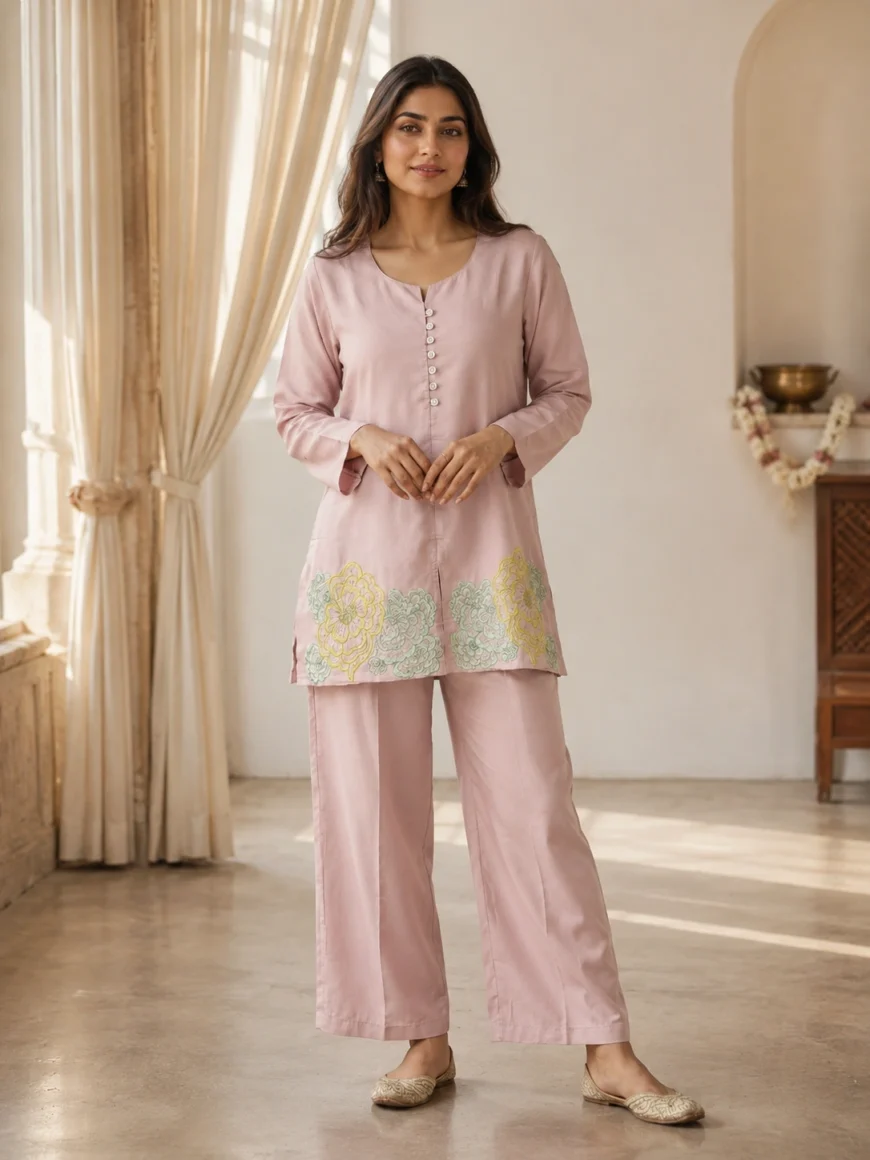Woman wearing a blush pink women’s co-ord set with matching straight pants and floral embroidered hem detailing, featuring a minimalist button-down kurta top and relaxed silhouette. Stylish women’s western wear outfit ideal for summer fashion, casual wear, office wear, travel outfits, comfortable daily wear, and modern contemporary fashion.