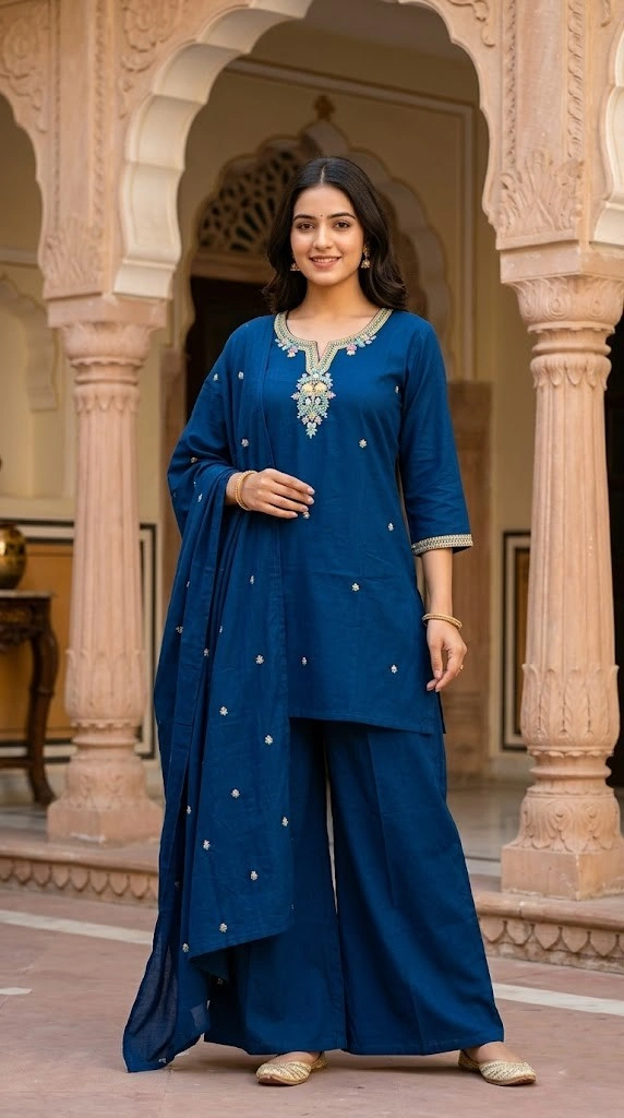 Royal Blue Embroidered Kurti Set with Dupatta