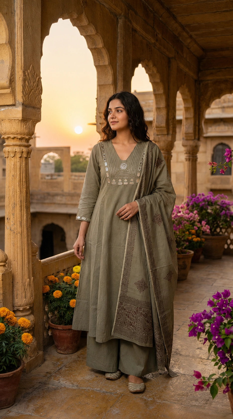 Olive Grey Pure Cotton Anarkali Set