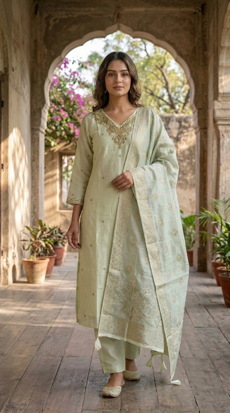 Off-White Golden Work Embroidered Silk Cotton Kurti Set