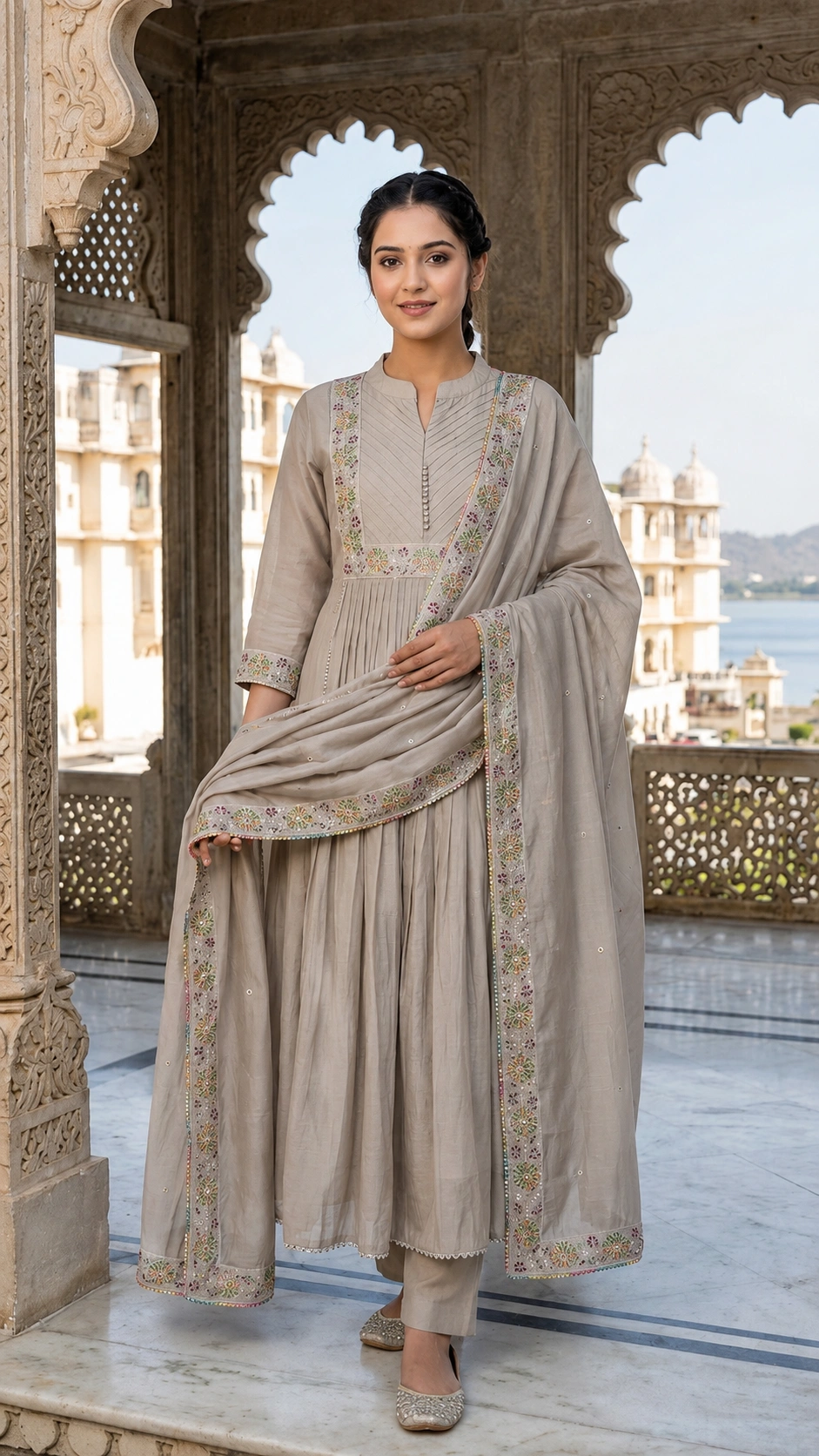 Warm Cream Pure Silk Anarkali Set