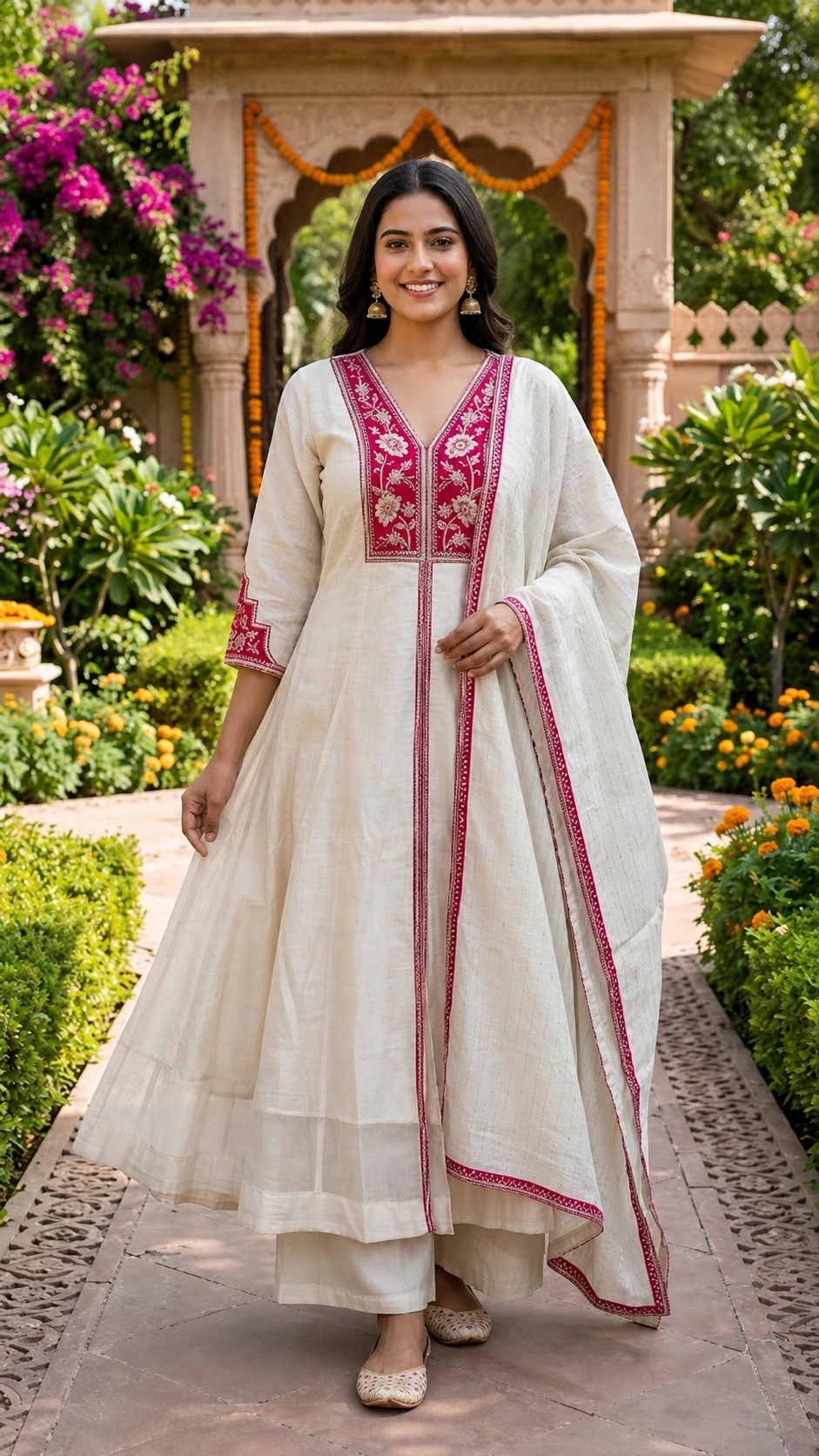 White Embroidered Cotton Silk Anarkali Set
