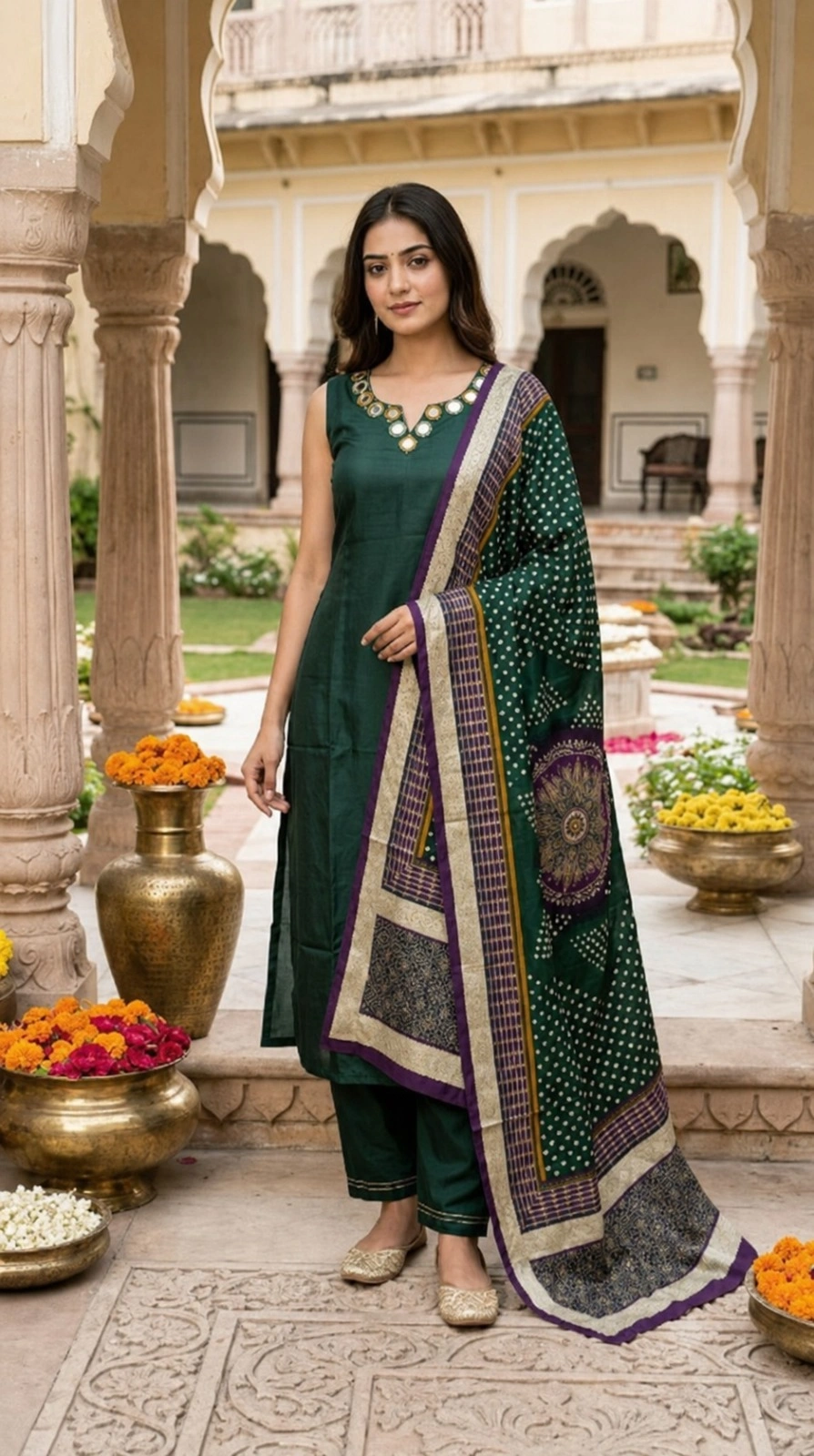Bottle Green Kurti Set with Dupatta
