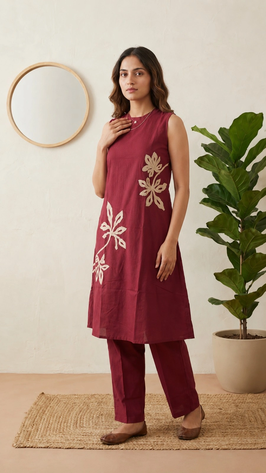 Dark Maroon Pure Cotton Floral Print Kurta Set