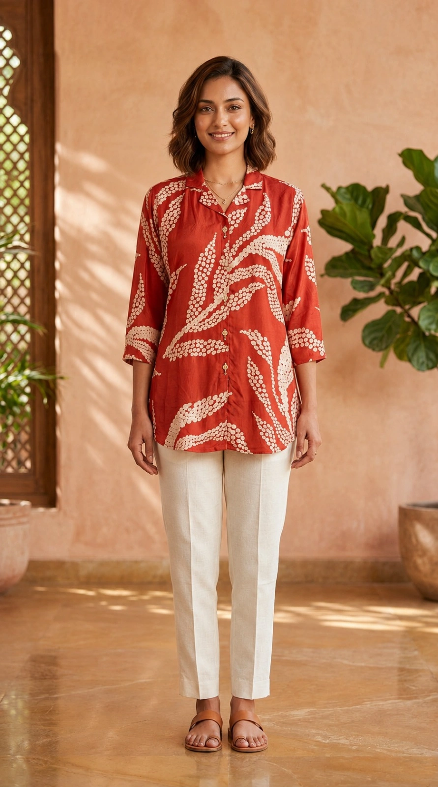Rust Silk Blend Printed Top
