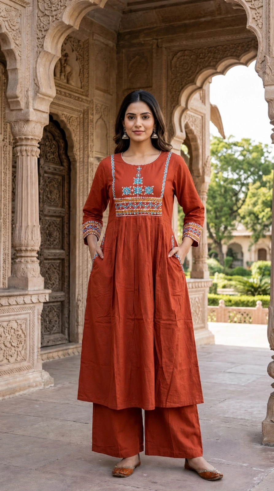 Rust Red Pure Cotton Embroidered Kurta Set