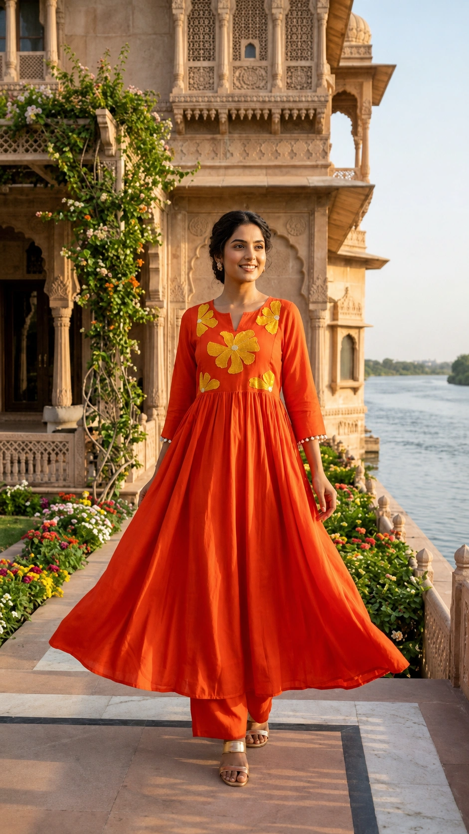 Orange Floral Embroidered Anarkali Kurta Set