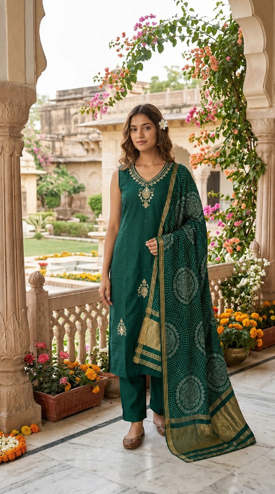 Bottle Green Embroidered Kurti Set