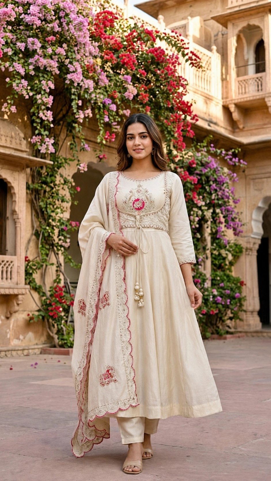 Cream Floral Embroidered Anarkali Suit Set