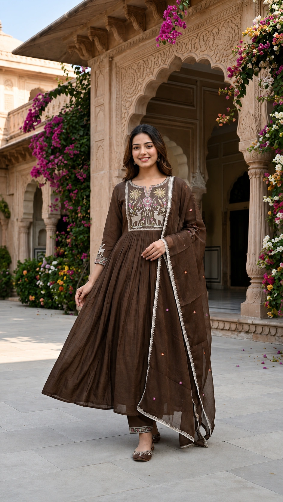 Coffee Brown Embroidered Anarkali Suit Set