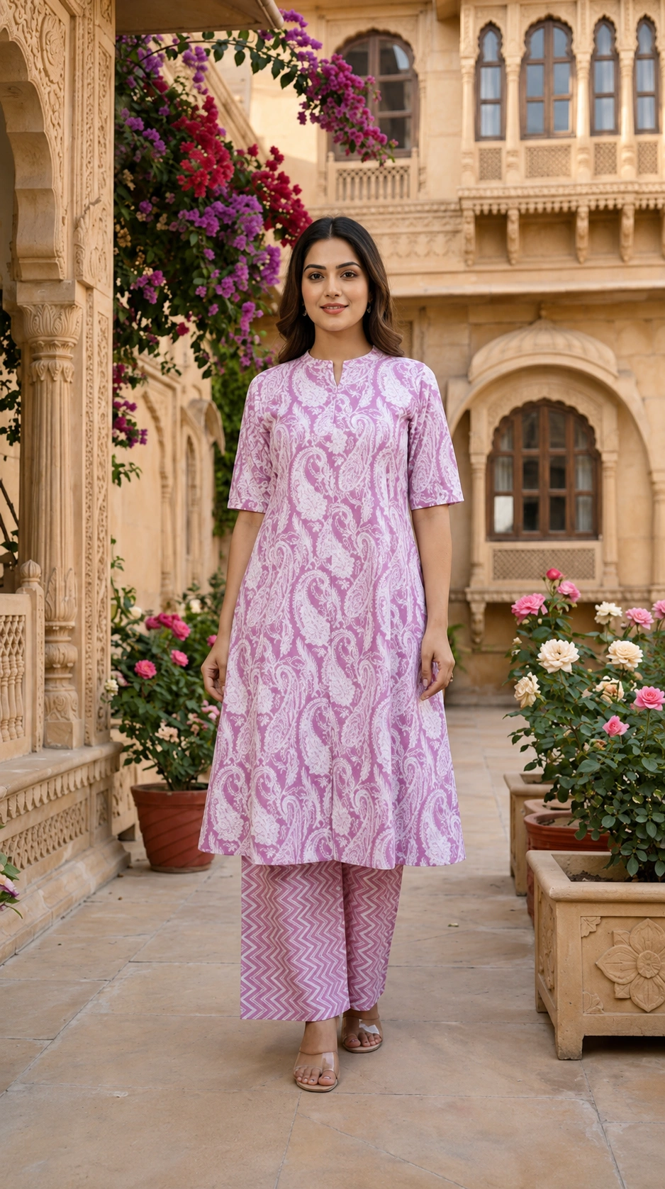 Lavender Paisley Print Pure Cotton Anarkali Kurta Set