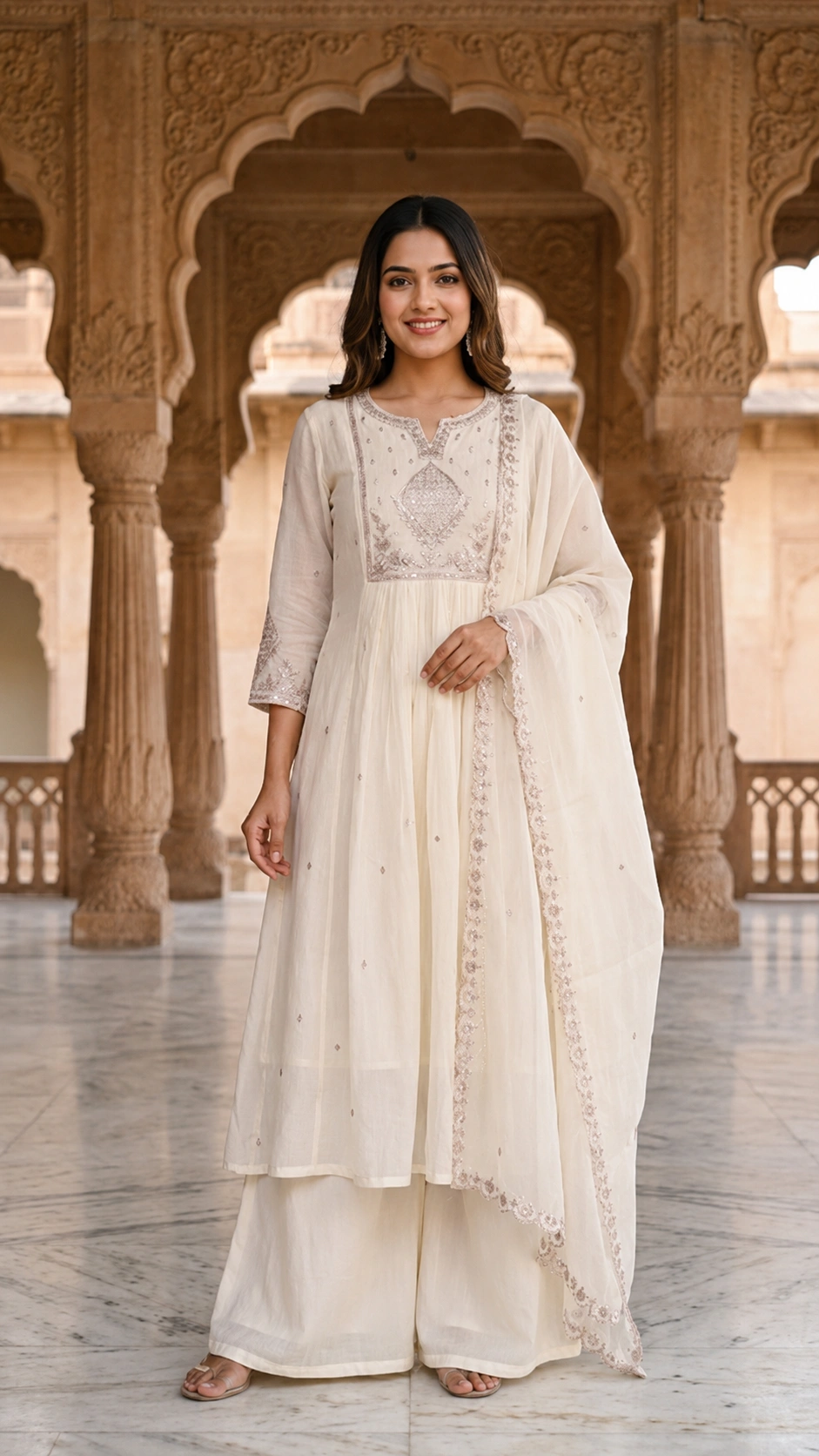 Ivory Embroidered Silk Blend Anarkali Set