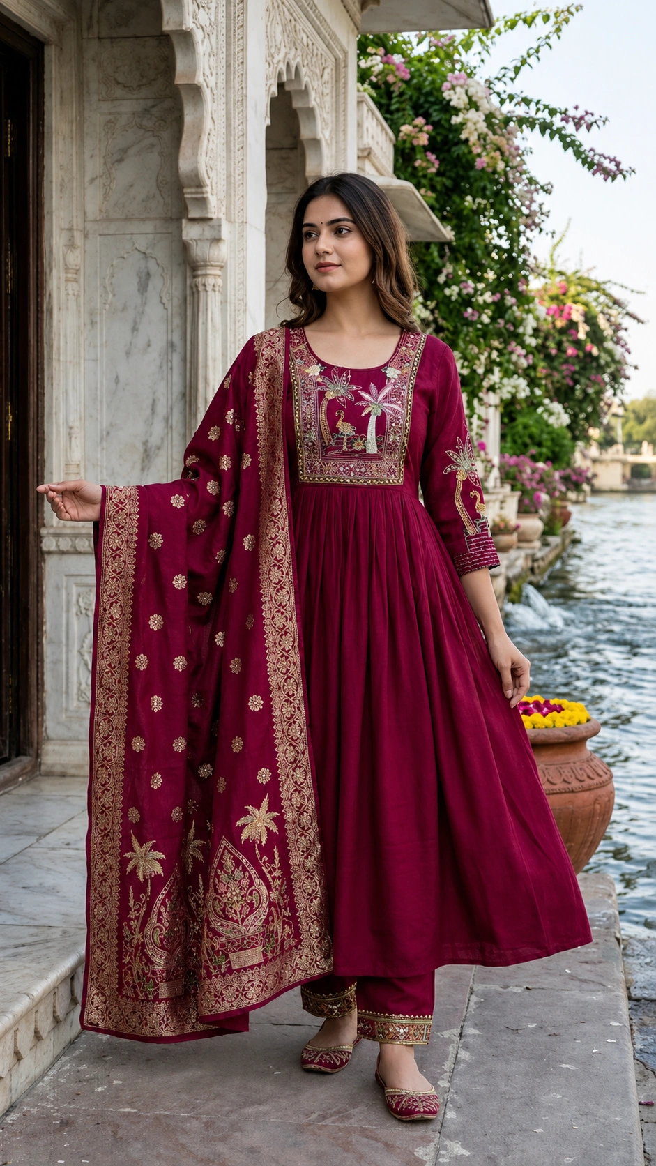 Wine Heritage Embroidered Anarkali Suit Set
