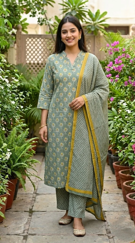 Sage Green Printed Kurti Set with Dupatta