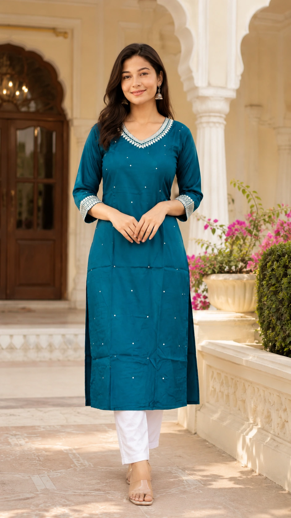 Teal Blue Mul Cotton Straight Kurti