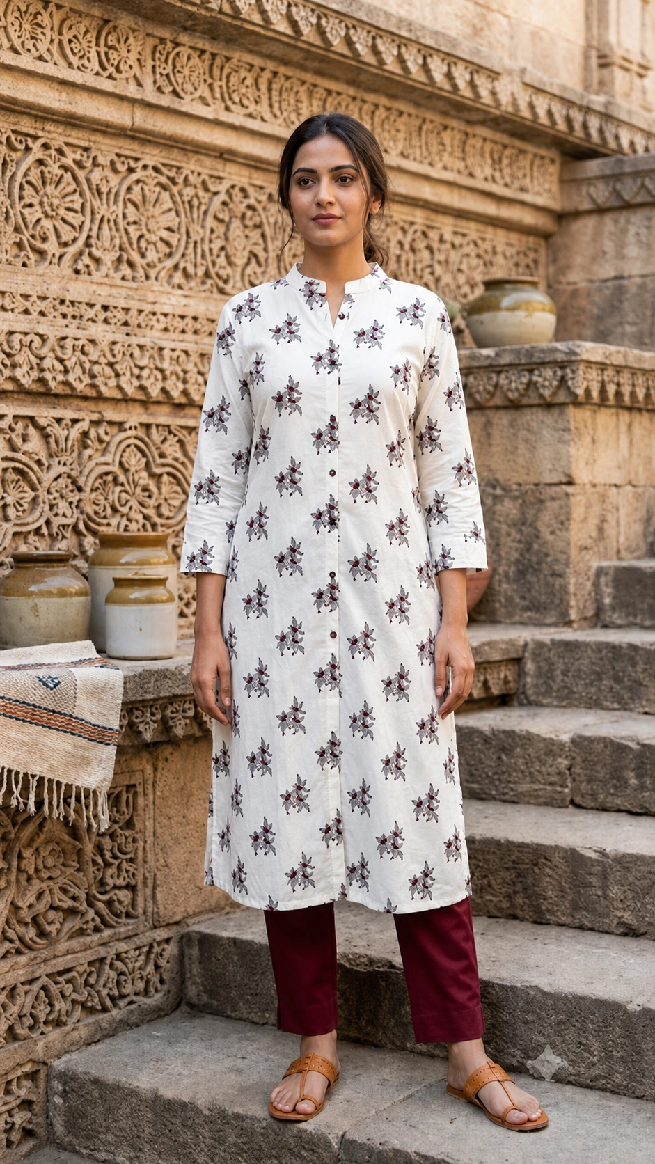 White Pure Cotton Floral Printed Straight Kurti