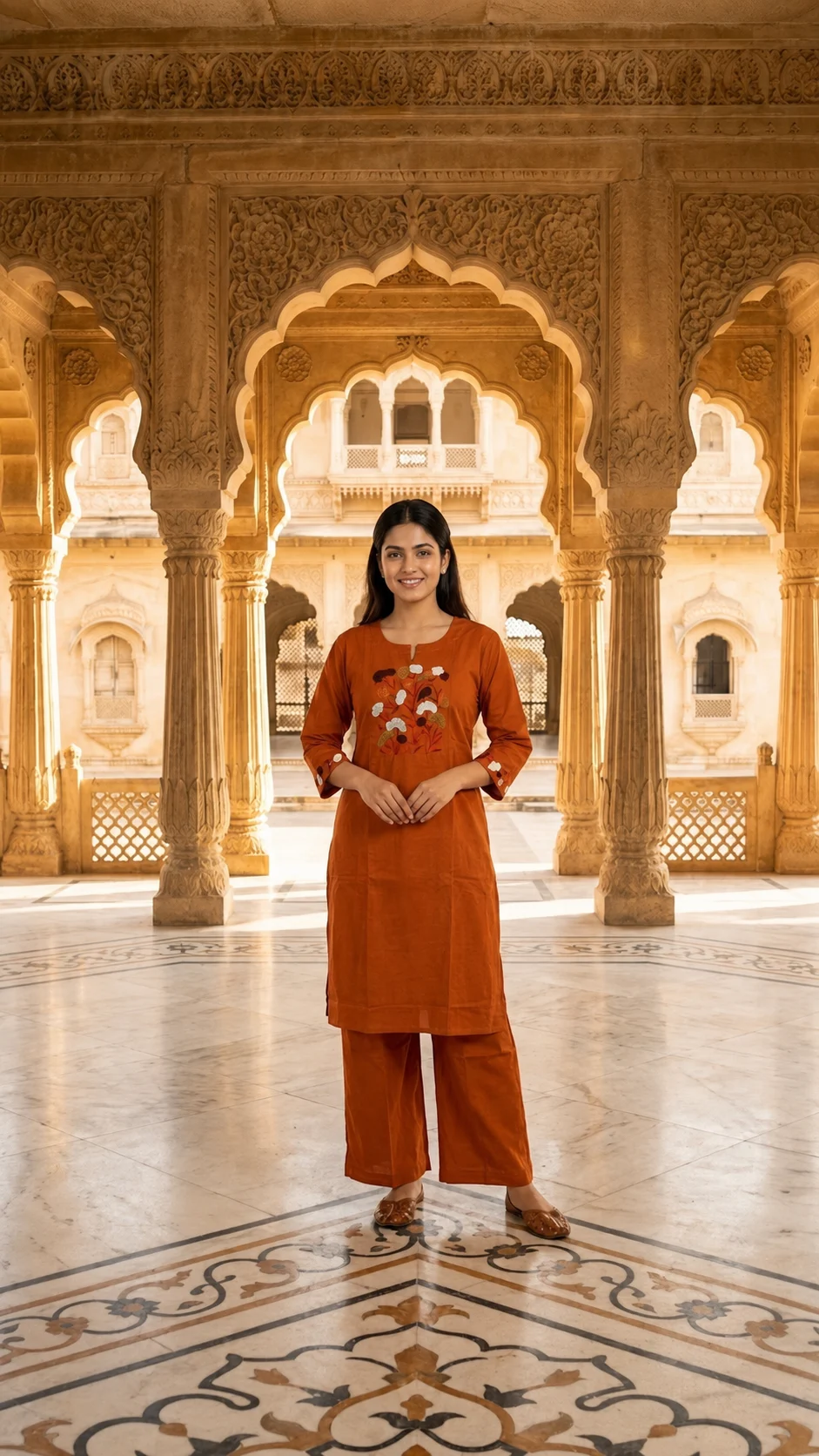 Rust Embroidered Cotton Kurta Set