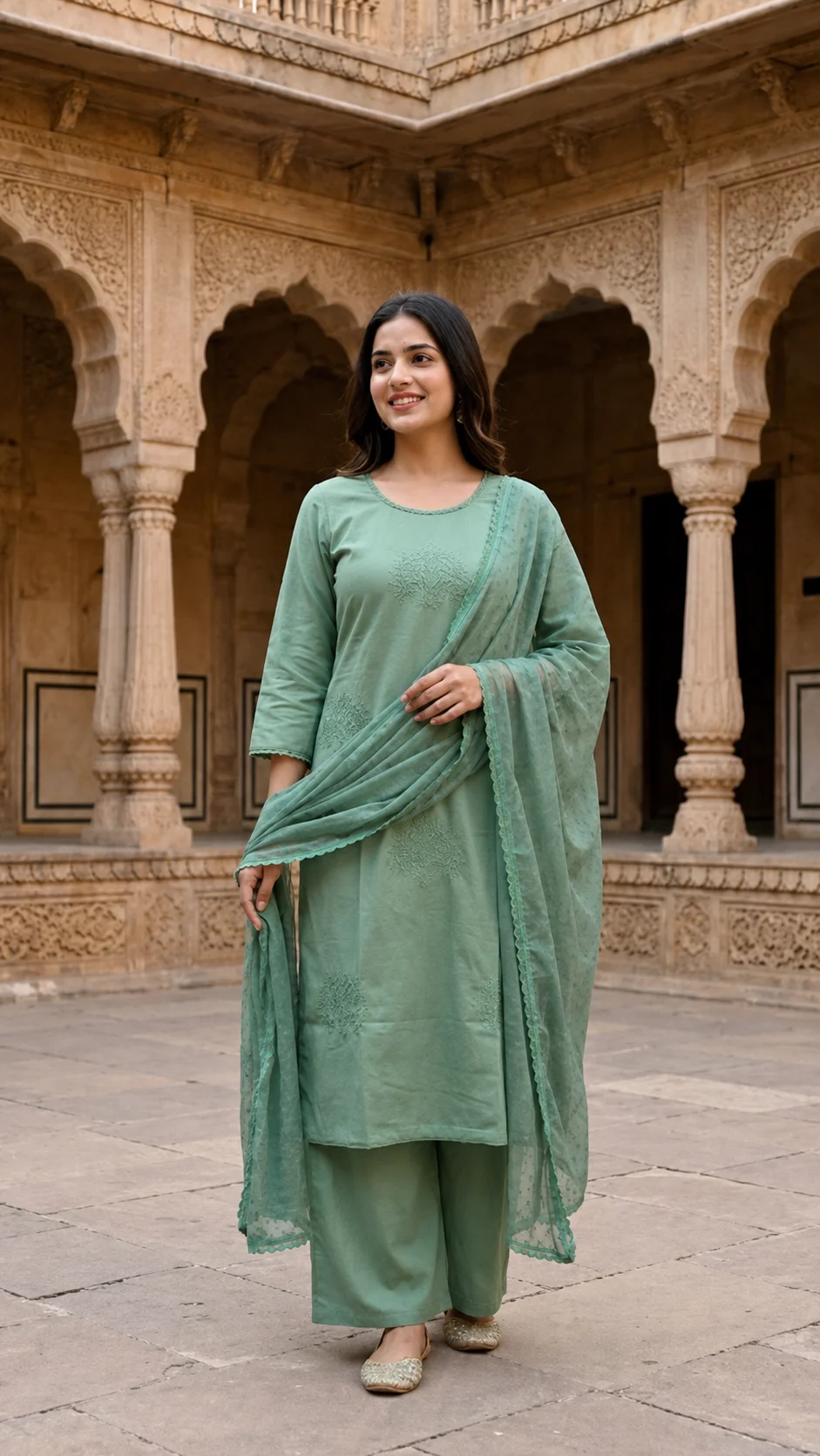 Sage Green Embroidered Kurti Set with Dupatta