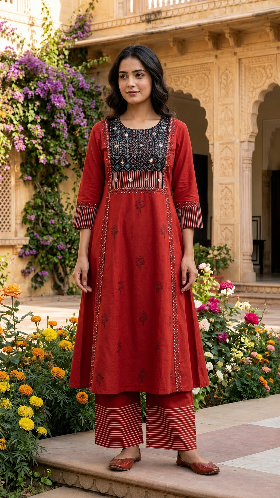 Brick Red Printed Cotton Anarkali Kurta Set