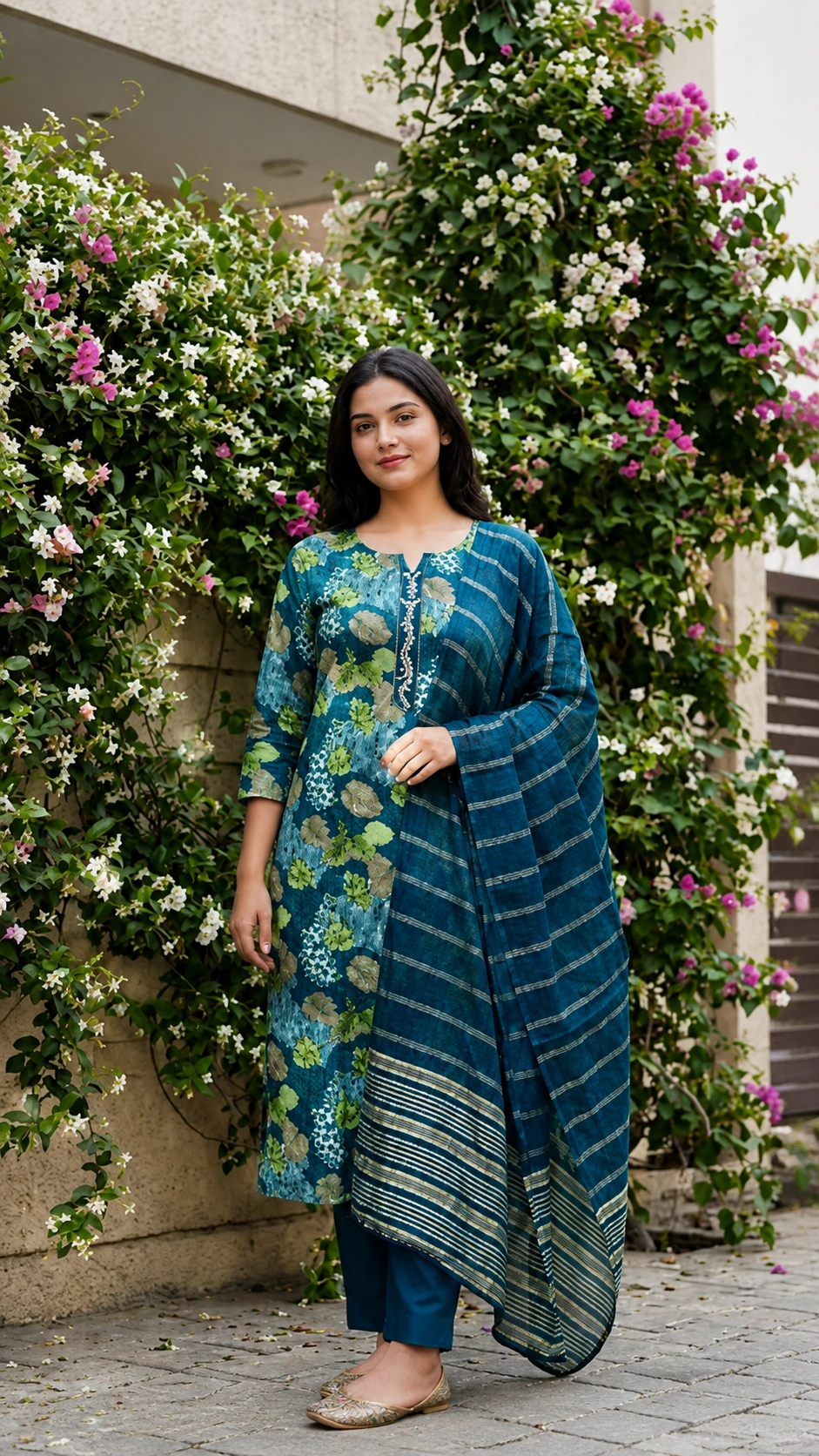 Navy Blue Floral Cotton Silk Kurti Set