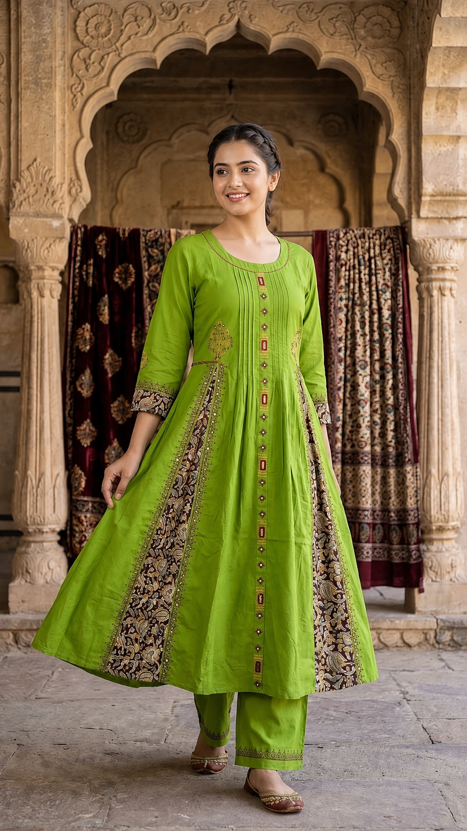 Parrot Green Printed Cotton Anarkali Kurta Set
