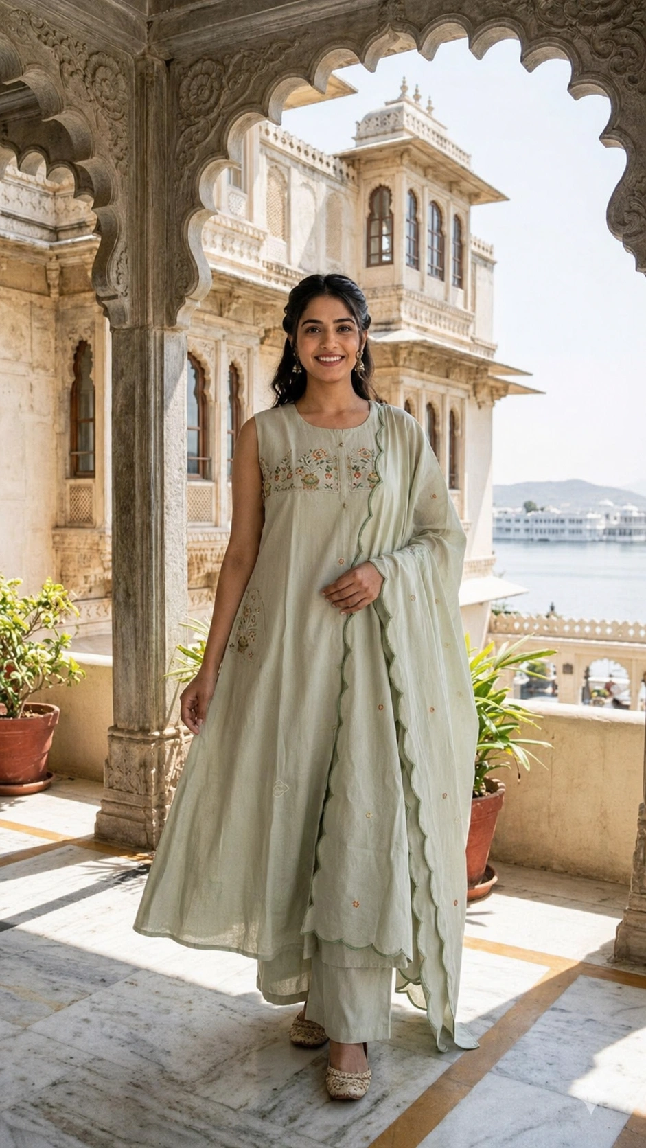 Mist Green Mul Cotton Anarkali Set