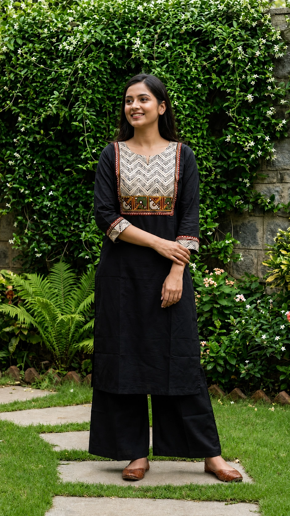 Black Printed Yoke Pure Cotton Kurta Set