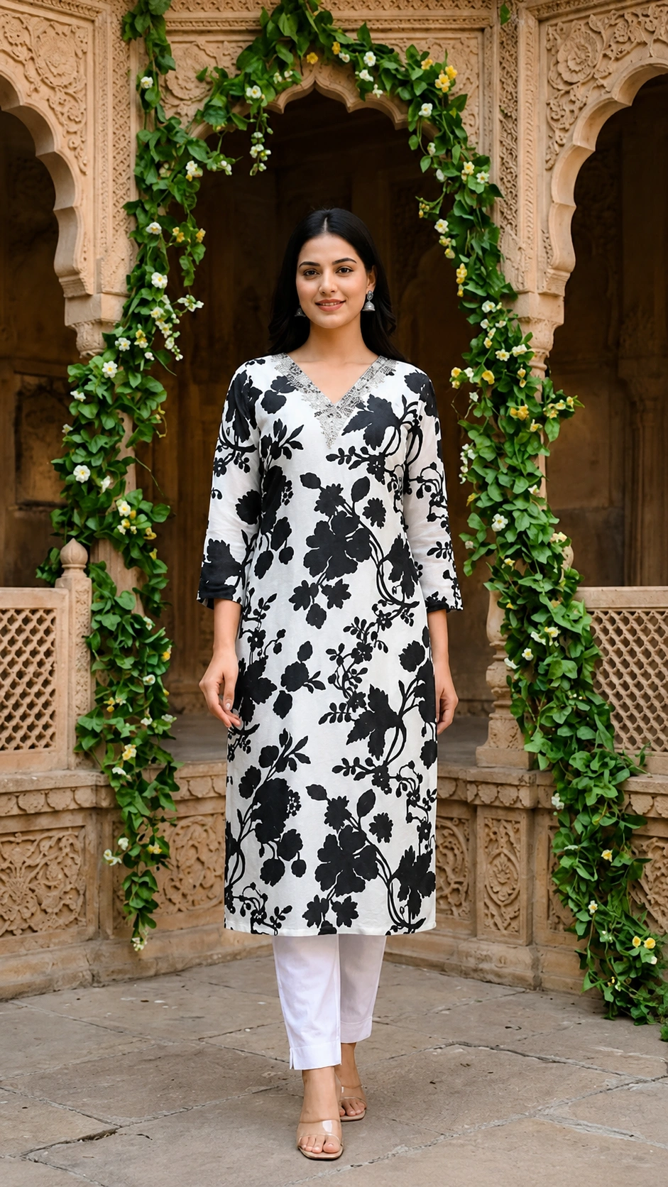 White Gaji Silk Floral Print Kurti