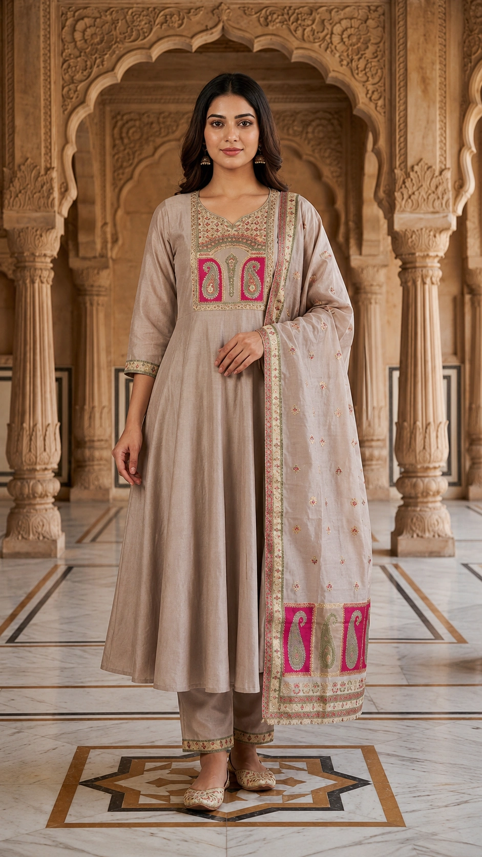 Beige Pure Cotton Anarkali Set with Printed Dupatta