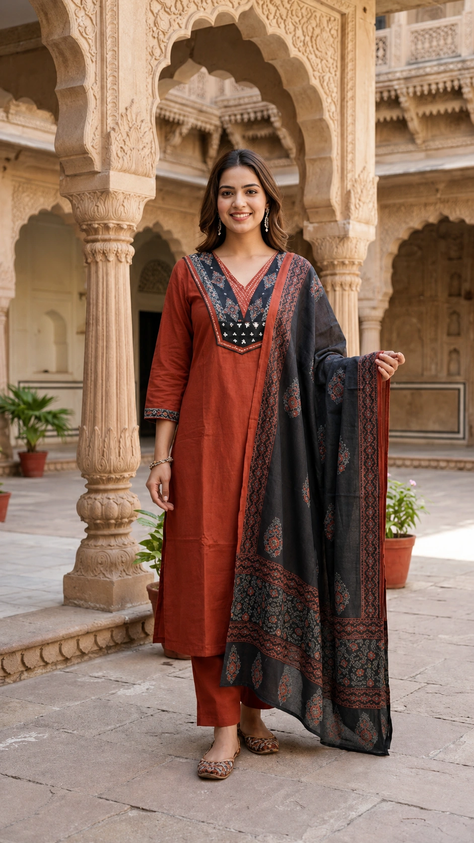 Rust Brown Pure Cotton Ethnic Suit Set