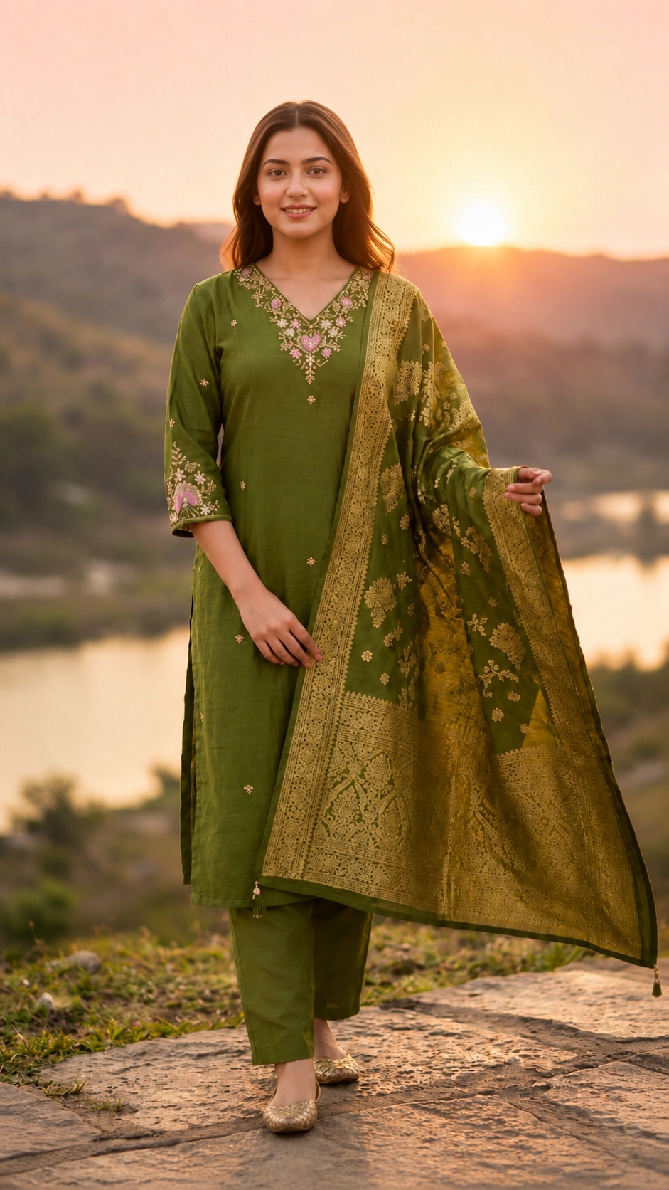Mehendi Green Cotton Silk Kurti Set