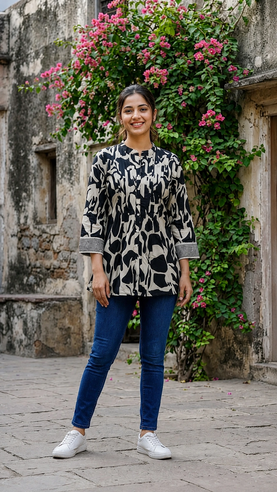 Black & Cream Cotton Silk Printed Top